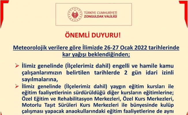 Zonguldak’ta hamile ve engelli kamu çalışanlarına idari izin